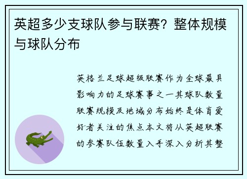 英超多少支球队参与联赛？整体规模与球队分布