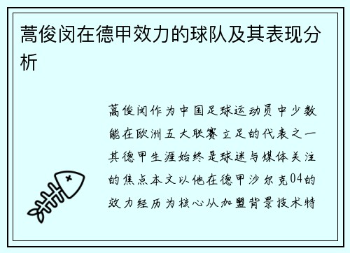 蒿俊闵在德甲效力的球队及其表现分析